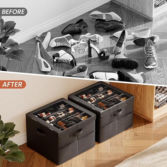 PHINOX Shoe Organizer for Closet, Fits 12-24 Pairs, Shoe Storage Bins with Clear Cover and Reinforced Handles, Foldable Shoe Storage Organizer, Space Saving Shoe Holder for Wardrobe, 2 Pack Black