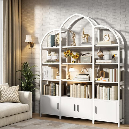 Tall Arched Bookshelf and Bookcase with 3 Cabinets, Triple Wide 5 Tier Industrial Etagere Open Bookshelf, Wood Book Shelf for Bedroom Living Room (White)