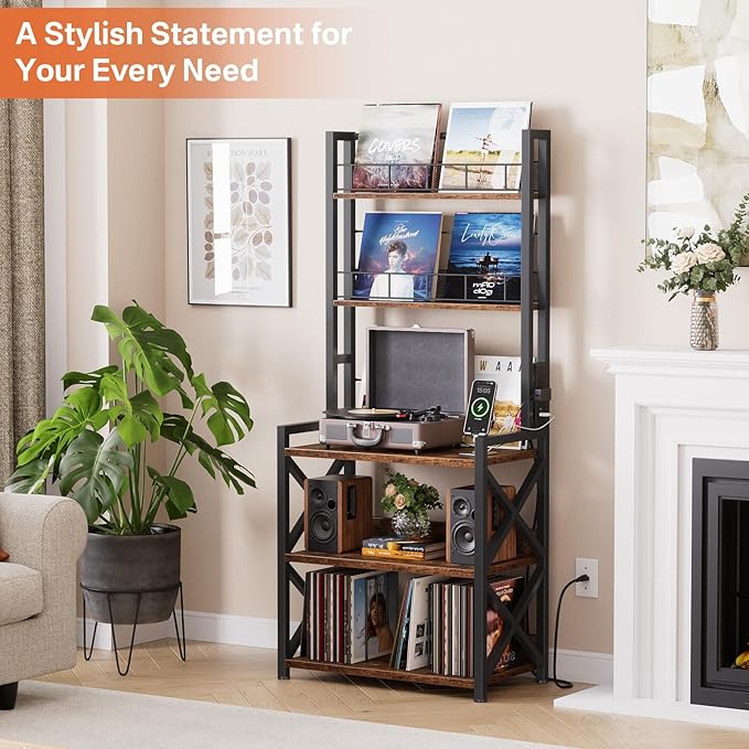 Record Player Stand with Power Outlet, 5-Tier Vinyl Record Storage Rack with Turntable Stand, LP Album Organizer & Display Rack, Media Storage Cabinet for Living Room Bedroom Music Corner