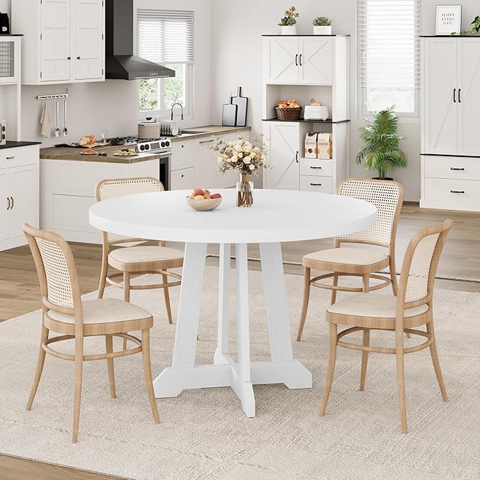 IDEALHOUSE Round Dining Table for 4, 47 Inches Dining Room Table with Wooden Base, Kitchen Table with Circle Tabletop, Dinner Table for Dining Room, Kitchen, Living Room, White