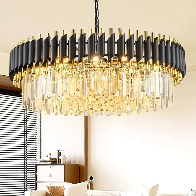 Black and Gold Crystal Chandelier Contemporary Large Crystals Chandeliers 30" with 6-Tier Sparkling K9 Crystals, Chandeliers for Dining Room Living Room Bedroom Foyer