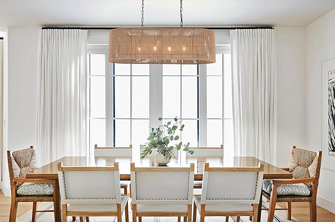 Wellmet Boho Chandelier Light Fixture 42 Inch, Farmhouse Rattan Pendant Light for Dining Room, Rustic Rectangular Chandeliers for Living Room, Bedroom, Kitchen Island (Rattan, 42 Inches)
