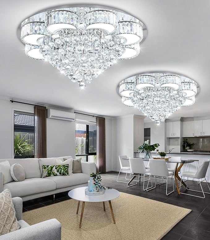 31.4'' Silver Modern Crystal Chandeliers for Dining Room LED Dimmable Light Fixtures Flush Mount Light Living Room Bedrooms