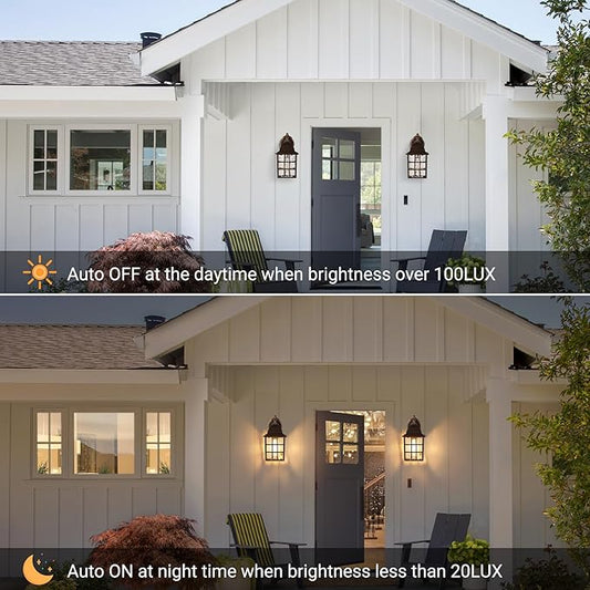 Farmhouse Exterior Light Fixtures - Sensor Dusk to Dawn Outdoor Porch Lights, Black Brush Gold Wall Sconce, Outside Wall Lantern for Front Door, Garage 2 Pack