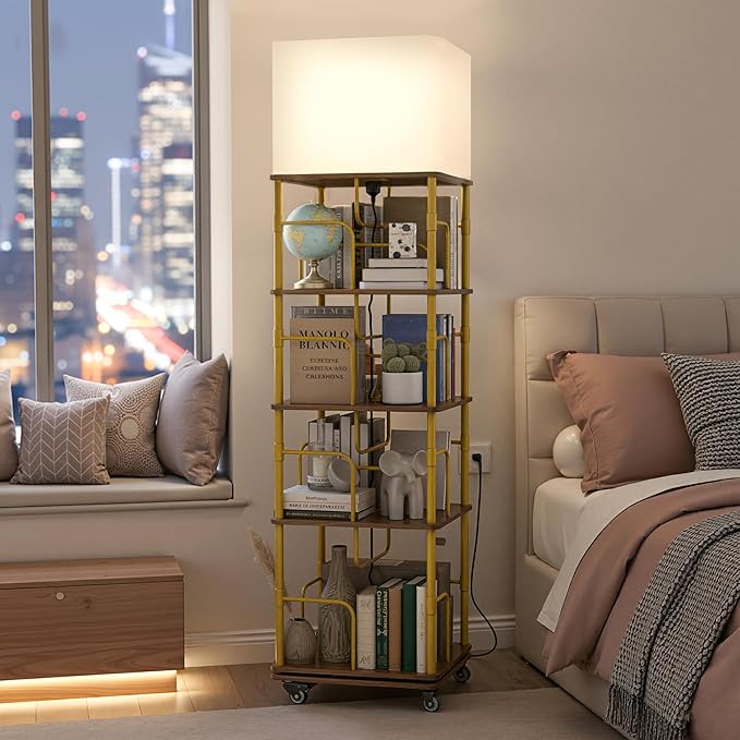 4 Tier Rotating Bookshelf with LED Light 360° Swivel Bookcase with Wheels Space-Saving Tall Corner Shelf Square Floor Standing Shelf Metal and Wood Bookshelves for Bedroom Living Room Office