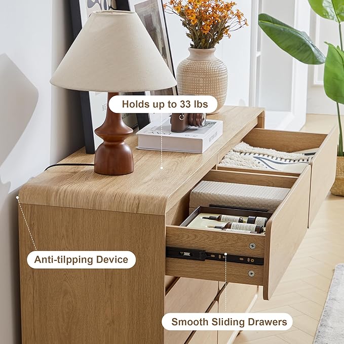 AVZEAR 6 Drawer Dresser for Bedroom, 48" Modern Wooden Dresser Chest of Drawers, Curved Profile Design, Closet Clothes Storage Organizer for Kids Bedroom, Living Room, Nursery, Natural Color