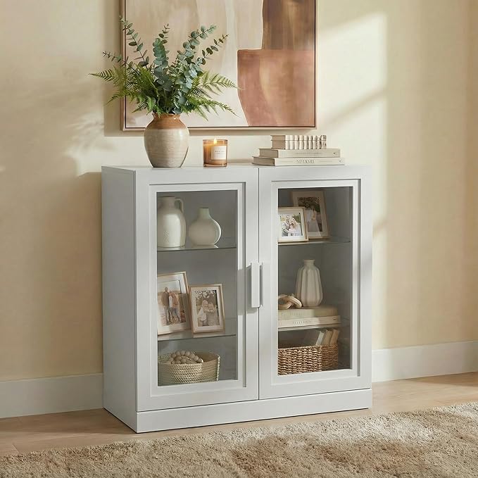 Casaphoria Adam Sideboard Buffet Cabinet with Storage, Display Cabinet with Glass Doors & Adjustable Shelves, 31" W x 31" H Buffet Cabinet for Entryway Kitchen Living Room, White