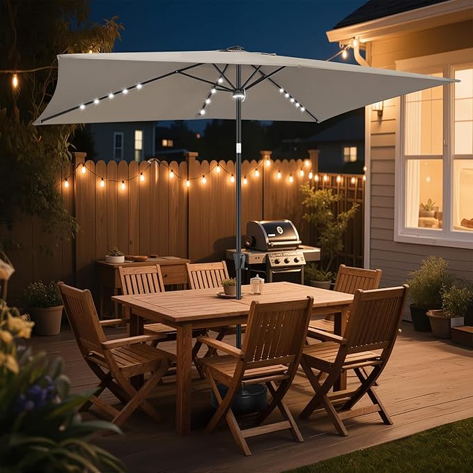 6.5x10 FT LED Lighted Rectangular Patio Umbrella, Rectangular Solar Umbrella Outdoor with Center Ring Light 28 LED Lights, Rectangle Table Umbrella for Deck, Backyard, Pool, Beach (Taupe)