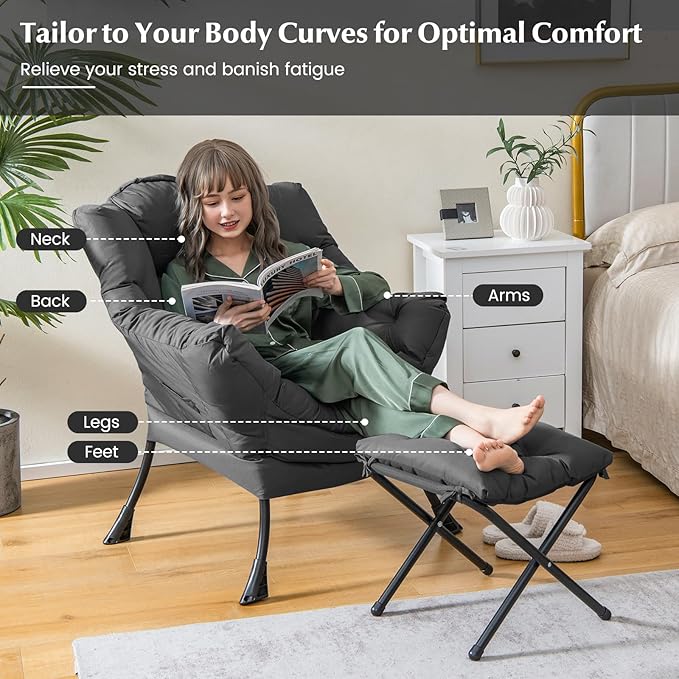 GORELAX Lazy Chair with Ottoman, Modern Accent Chair w/Armrests & Side Pocket, Upholstered Lounge Sofa Chair & Folding Footstool Set, Reading Chair for Bedroom, Living Room, Dorm Room (Grey)