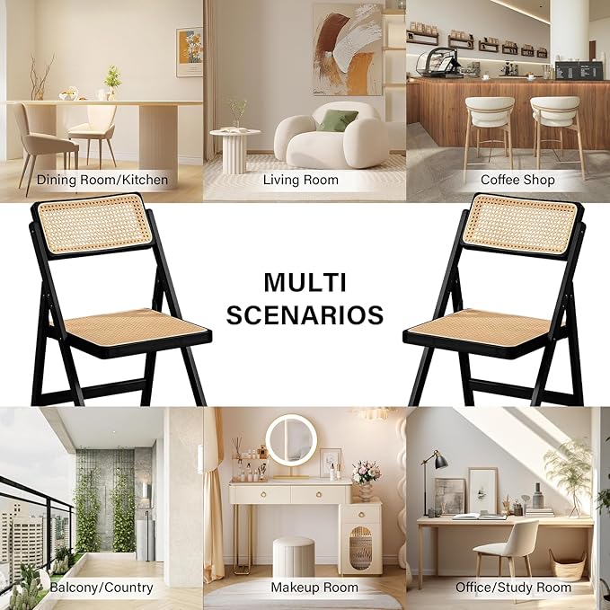 Rattan Folding Chairs, Modern Mid Century Dining Chairs Set of 2, Outdoor Bamboo Chairs for Bedroom Living Room Reading Room Dining Kitchen, Black