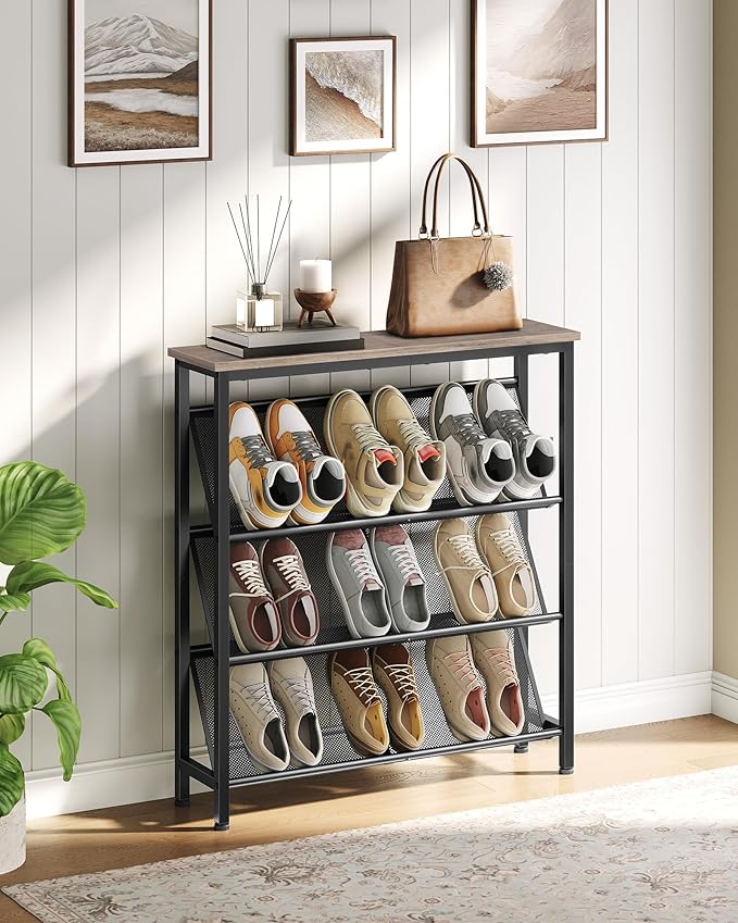 Shoe Rack, 4-Tier Slanted Shoe Storage Shelf, Narrow Shoe Rack for Entryway, Shoe Organizer with Adjustable Feet, Slim Shoe Shelf with Wooden Top and Metal Frame, Greige and Black TXJ75BG