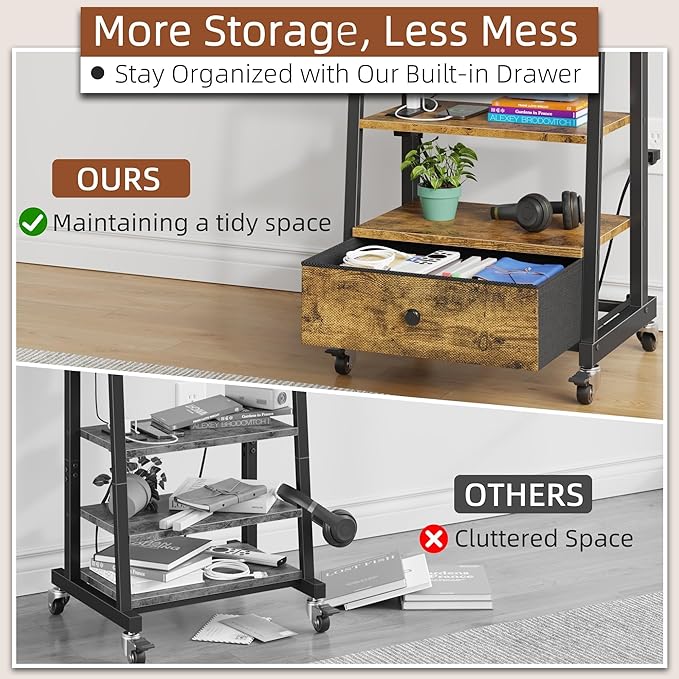 Rolling TV Stand with Wheels and Mount & Fabric Drawer for 32-75" TV - Entertainment Center with Power Outlet and Small TV Stand for Bedroom, Living Room - 18" Rustic Brown (VESA 600mm × 400mm)