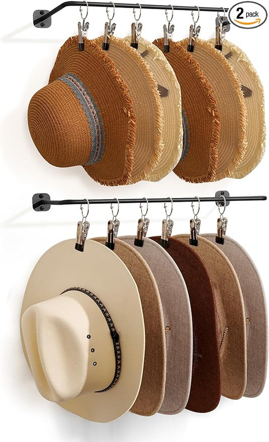 Cowboy Hat Rack for Wall Cowboy Hats Hook with 12 Clips Metal Cowboy Hat Hanger for Bucket Baseball Caps Sunhat Winter Beanies Fedora Hat Organizer Hat Holder on Wall Women Men Closet Black 2 Pcs