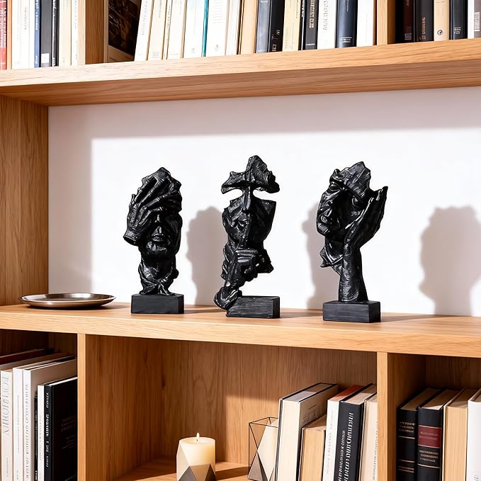 3 Pcs Thinker Statue, Silence is Black Abstract Art Figurine, Modern Home Resin Decorative Objects Decor for Home Office Bookshelf Desktop,No Hear No See No Speak Knick Knacks