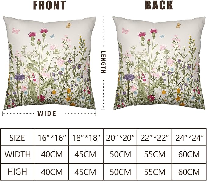Spring Vintage Floral Pillow Covers 18x18 Set of 2 Sage Green Wildflower Plant Outdoor Throw Pillows Case Summer Rustic Wild Flowers Botanical Print Pillowcase for Farmhouse Sofa Couch Bed Decor