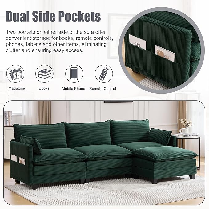 103" Oversized Modular Sectional Sofa Couch with Reversible Ottoman, Free Combination Convertible Corner Couch,Corduroy Upholstered Cloud Sectional Couch with Side Pockets | Multiple Cushions, DIY Combination, Removable Cover