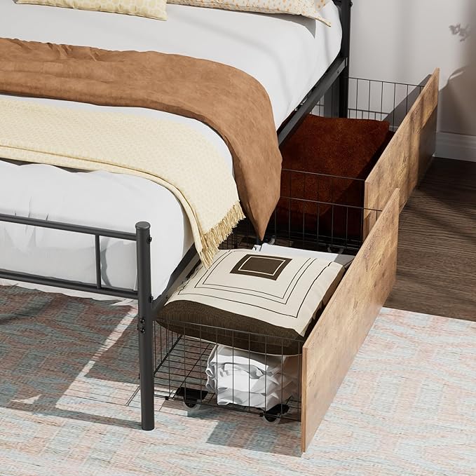 VECELO Queen Size Metal Platform Bed Frame with Headboard and 4 Storage Drawers/Steel Slat Support/No Box Spring Needed/Easy Assembly