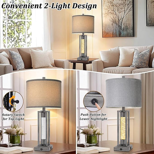 TOBUSA 26’’ Farmhouse Table Lamps for Living Room Set of 2, Modern Nightstand Lamps with Crystal Night Light & 2 USB Ports, Vintage Home Decor Grey Bedside Lamps with Gray Linen Shade for Bedroom