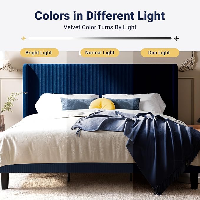 SHA CERLIN King Size Corduroy Upholstered Platform Bed Frame with Vertical Channel Tufted Wingback Headboard, 8" Under Bed Storage, Wooden Slats & Metal Frame Support, Easy Assembly, Dark Blue