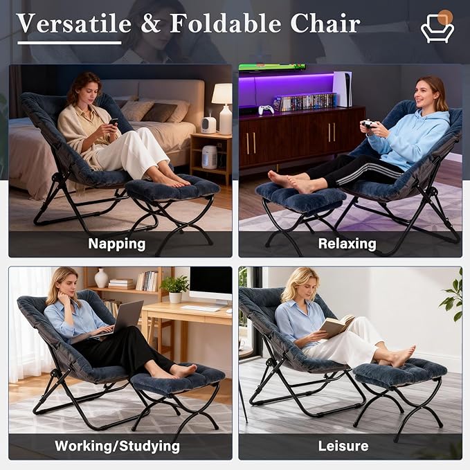 Saucer Chair with Ottoman, Comfy Doorm Chairs, Oversized Folding Faux Fur Chair, Foldable Metal Frame Chair for Bedroom, Living Room(Navy Blue)