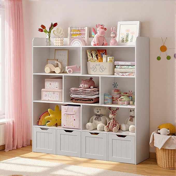Gizoon Toy Storage Cabinet and Kids Bookcase with 4 Movable Drawers and 8 Open Shelves Toy Chest Shelf Organizer with Hidden Wheels for Playroom Nursery Kids Room, Grey