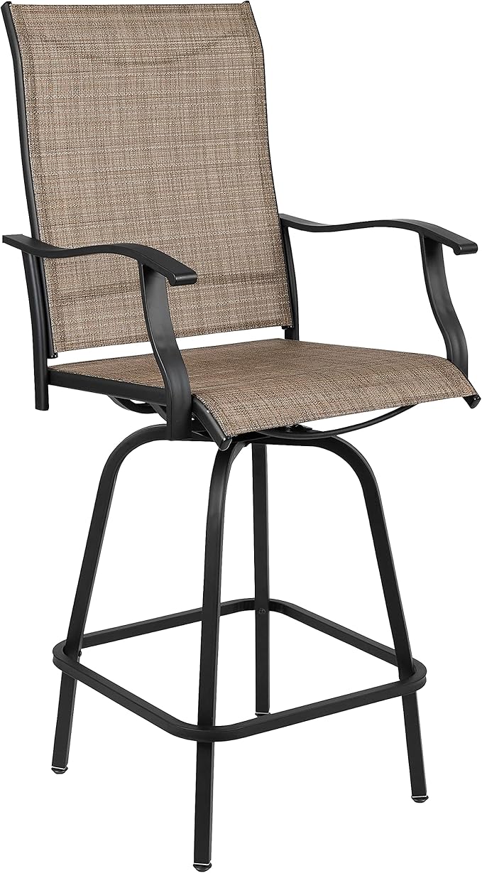 Flash Furniture Valerie Patio Bar Height Stools Set of 2, All-Weather Textilene Swivel Patio Stools with High Back & Armrests in Brown