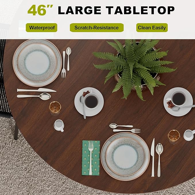 Casaphoria 46" Round Dining Table for 2-4, Farmhouse Style Small Table with Stripes Base, Easy Assembly for Living Room, Kitchen, Bar, Walnut