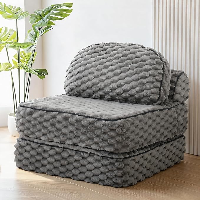 MALOL Folding Sofa Bed, 3-in-1 Convertible Sleeper Chairs with Pillow,Back Support, Fuzzy Fabric Floor Couch Bed for Adults, Boneless Couches Living Room, Bedroom, Apartment, Grey