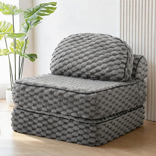 MALOL Folding Sofa Bed, 3-in-1 Convertible Sleeper Chairs with Pillow,Back Support, Fuzzy Fabric Floor Couch Bed for Adults, Boneless Couches Living Room, Bedroom, Apartment, Grey