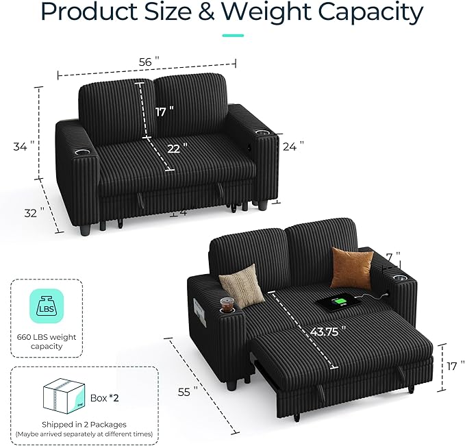 LINSY HOME Loveseat Sofa with Pull Out Couch Chaise: 2-in-1 Convertible 2 Seater Sofa with USB Charging & Cup Holders, Comfy Plush Corduroy Love Seat for Small Spaces Living Room Apartment, Black