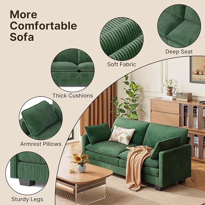 Gizoon 75” Small Cloud Loveseat Couches for Living Room, 2 Seater Love Seat Sofa with Comfy Deep Seat, Small Washable Couches with Removable Corduroy Cover for Apartment, Green