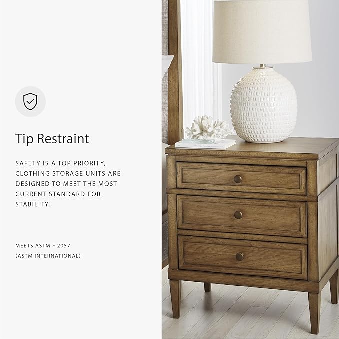Signature Design by Ashley Sharlance Casual 3-Drawer Nightstand with Felt-Lined Top Drawer, Power Supply and USB Ports for Bedroom, Light Brown