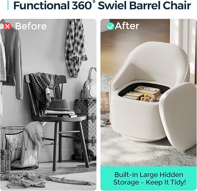 LINSY Swivel Accent Chair Set of 2, Comfy Chenille Barrel Chairs with Storage 360 Swivel Modern Armchair for Living Room Bedroom, Small Boucle Reading Chair for Study Room (Beige)
