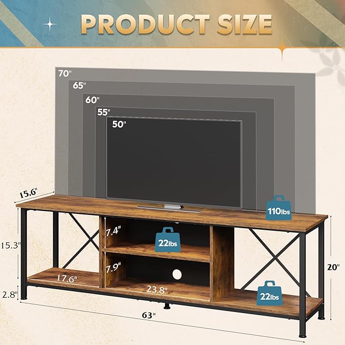 WLIVE Industrial TV Stand for Up to 70 inch TV, Heavy-Duty Metal Frame Entertainment Center with Adjustable Shelves & Cable Management, Large Media Console for Living Room, Rustic Brown