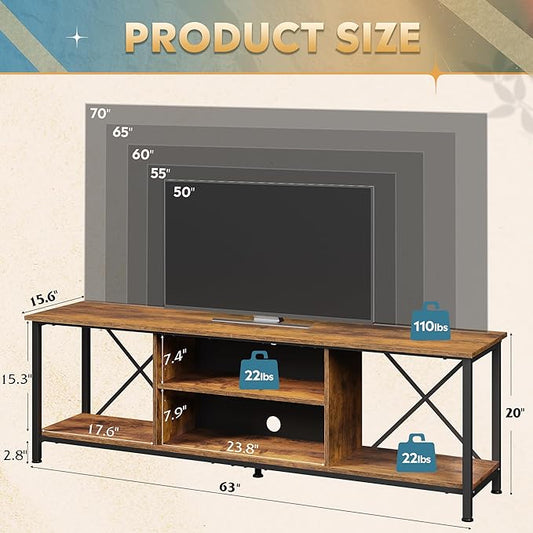 WLIVE Industrial TV Stand for Up to 70 inch TV, Heavy-Duty Metal Frame Entertainment Center with Adjustable Shelves & Cable Management, Large Media Console for Living Room, Rustic Brown