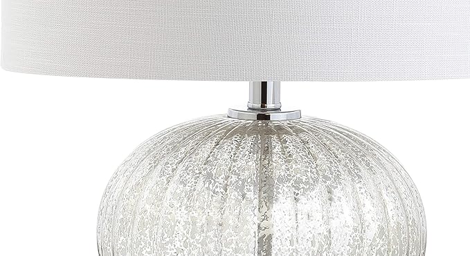 JONATHAN Y 21" Mercury Silver Ribbed Glass Table Lamp, Modern Transitional Bedside Lamp for Living Room, Bedroom, Nightstand, White Linen Shade, LED Bulb Included JYL4015A