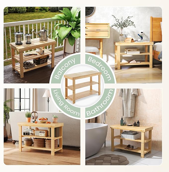 DUMOS Shoe Rack Bench, 3-Tier Bamboo Entryway Benches, Holds Up to 286 lb Storage Organizer, 11.3 x 27.6 x 17.8 Inches, Suitable for Bedroom Living Room Balcony, Classical Wood