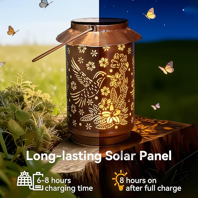 Ollny Solar Lanterns Outdoor Waterproof Hummingbirds, for Mothers Day Birthday Thanksgiving Gifts for Mom Grandma Sister Women Her, Hanging Solar Metal Lights for Garden Backyard Patio Decor
