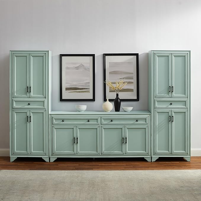 Crosley Furniture Tara 3-Piece Modern Farmhouse Sideboard Buffet Cabinet and Kitchen Storage Pantry Set, Distressed Seafoam Blue
