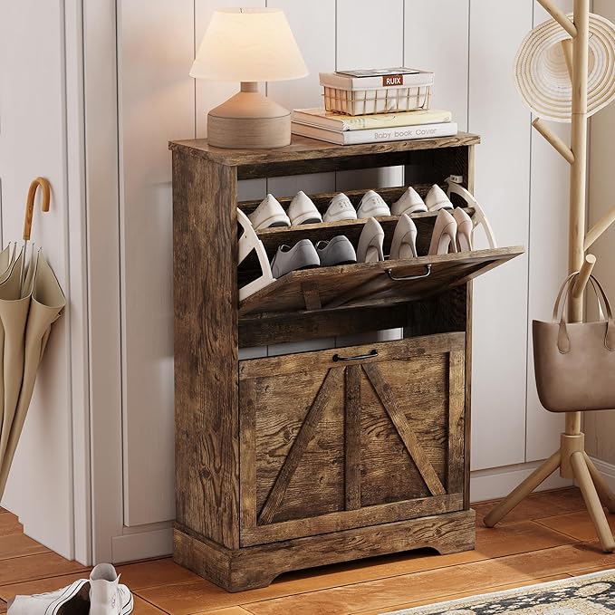 Semiocthome Farmhouse Shoe Storage Cabinet with 2 Flip Drawers, 23.6"(W) Freestanding Shoe Organizer with Barn Door and Metal Handles for Entryway, Corner Narrow Shoe Rack Cabinet - Rustic Brown