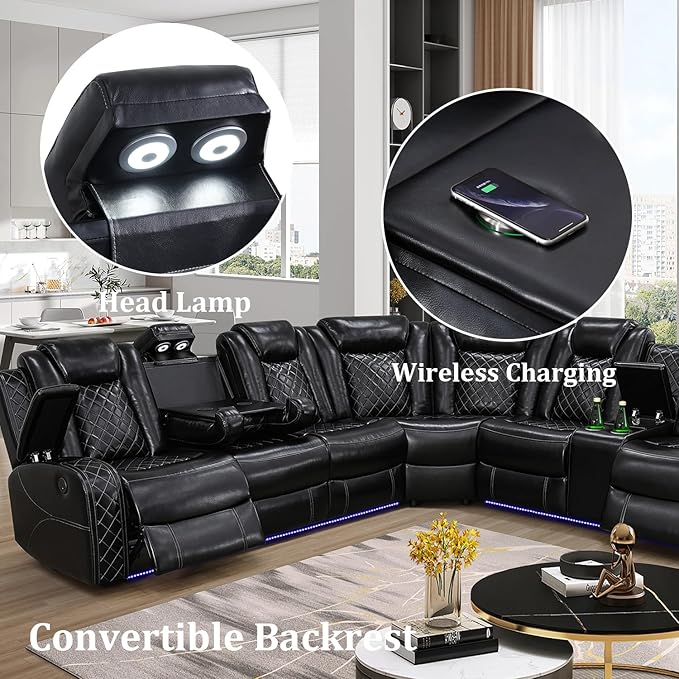 Power Reclinier Sectional Sofa Set,Black Leather Reclining Sectional Modular Sofa Set with Loveseat,L Shaped Leather Couch with LED Light for Living Room/House/Apartment/Lounge(L+Loveseat)