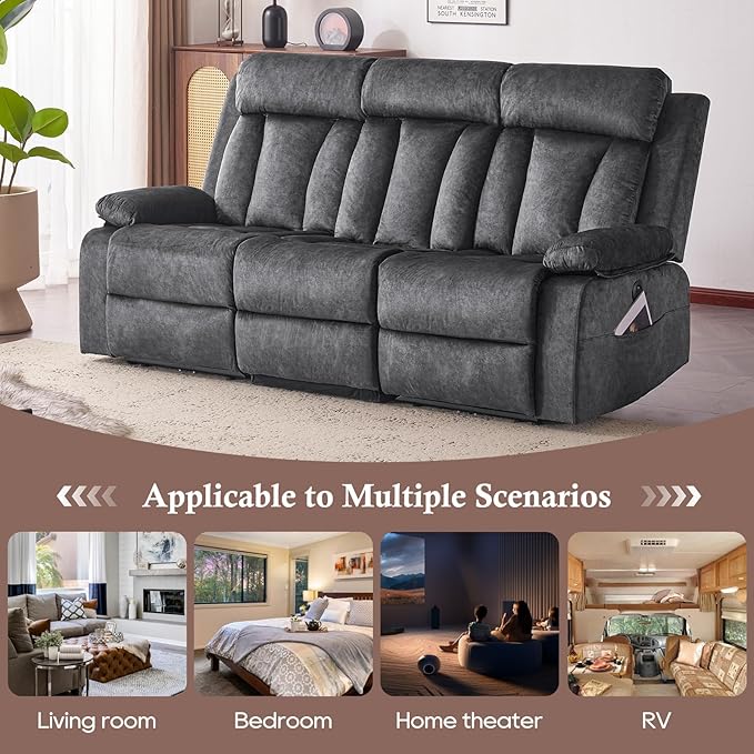 Power Recliner Sofa with Heat&Massage, Electric Reclining Couch with Multi-Function Console/USB Ports/Type C, Wall Hugger 3 Seater-Sofa Recliner, Reclining Sofa Couch for Living Room