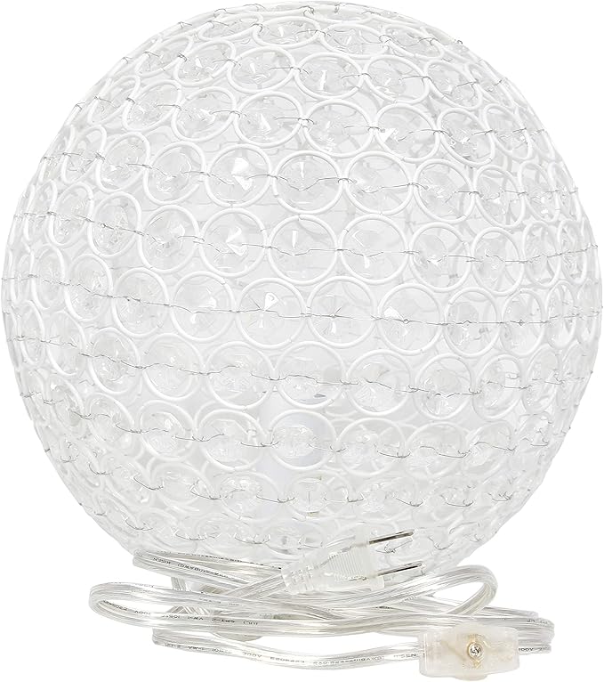 Elegant Designs LT1067-WHT 10" Elipse Crystal Collection Metal Crystal Ball Sequin Table Desk Lamp for Accent Lighting, Décor, Living Room, White