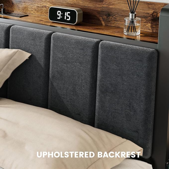 King Size Bed Frame with Charging Station, Storage Headboard with Smart LED Lights, Metal Platform Bed Frame with USB Ports, Noise Free, No Box Spring Needed, Easy Assembly