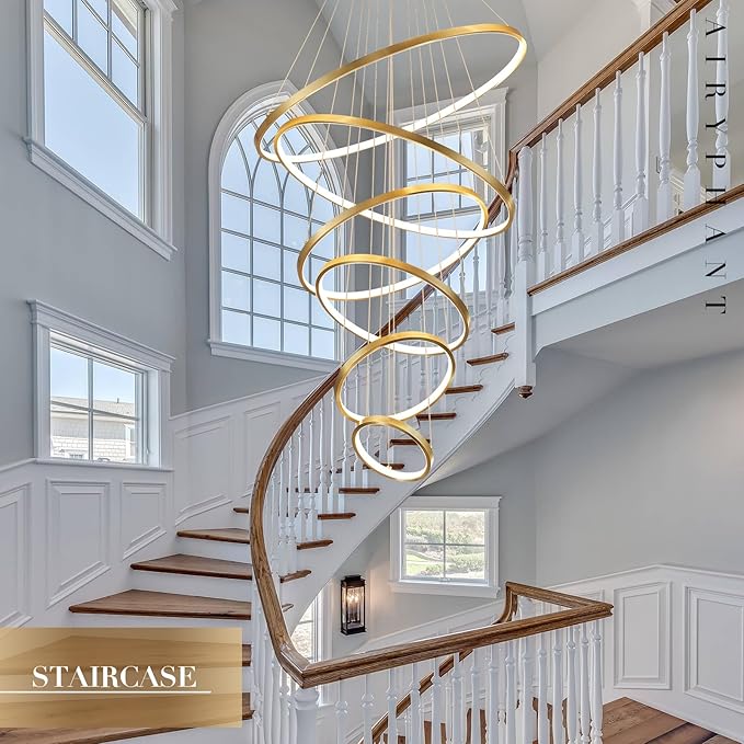 Modern 31" Big LED Chandeliers for High Ceiling 6 Rings Gold Chandeliers with Remote Control Dimmable Large Contemporary Ceiling Pendant Light for Foyer Living Room 3000K-6000K Selectable