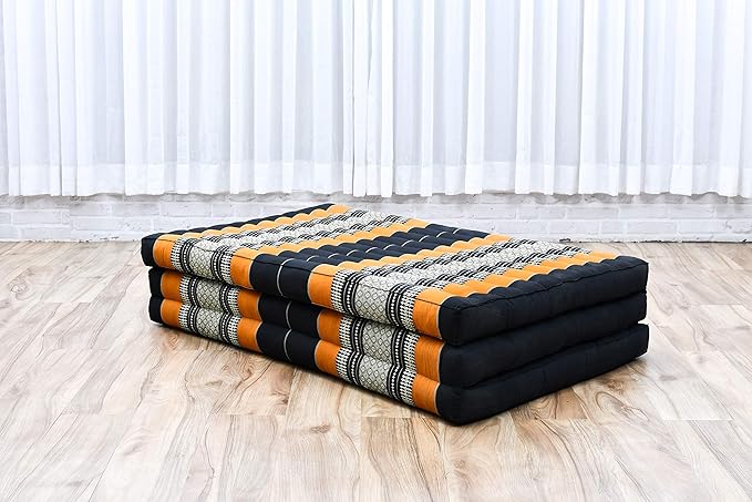 Leewadee Trifold Mattress XL – Comfortable Thai Massage Pad, Foldable Relaxation Floor Mattress Filled with Kapok, Perfect to Use as a Sleeping Mat 79 x 39 inches, Black Orange