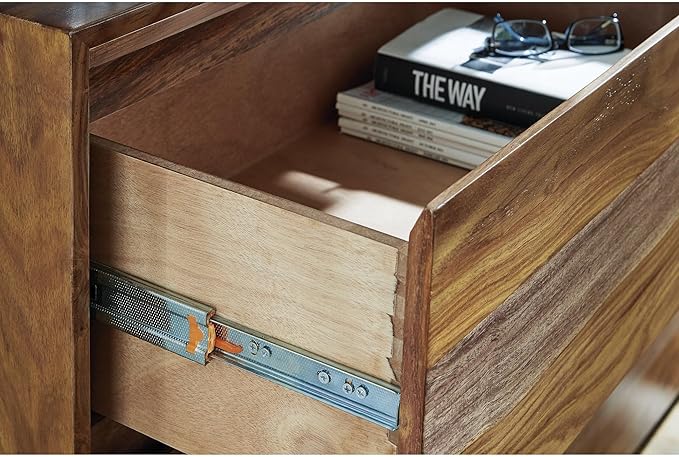 Signature Design by Ashley Dressonni Contemporary Velvet-Lined 2 Drawer Nightstand with Power Supply, USB-A and USB-C Ports, 26" Tall, Light Brown