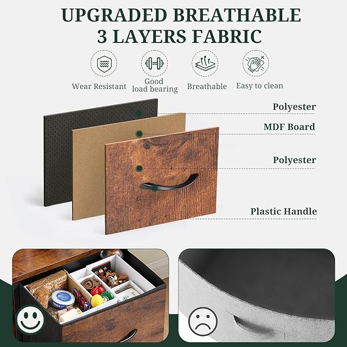 7-Drawer Dresser for Bedroom, Anti-Tip Wide Storage Organizer Fabric Chest of Drawers TV Stand for 45" TV with Wooden Top and Metal Frame for Closet, Living Room, Hallway, Entryway, Brown