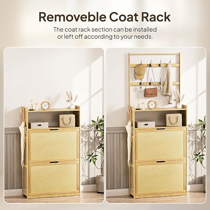 Shoe Cabinet with 2 Rattan Flip Drawers，Bamboo Shoe Storage Cabinet with Coat Hooks, Freestanding Shoe Cabinet Storage for Entryway,Hallway, Closet, Living Room,Natural