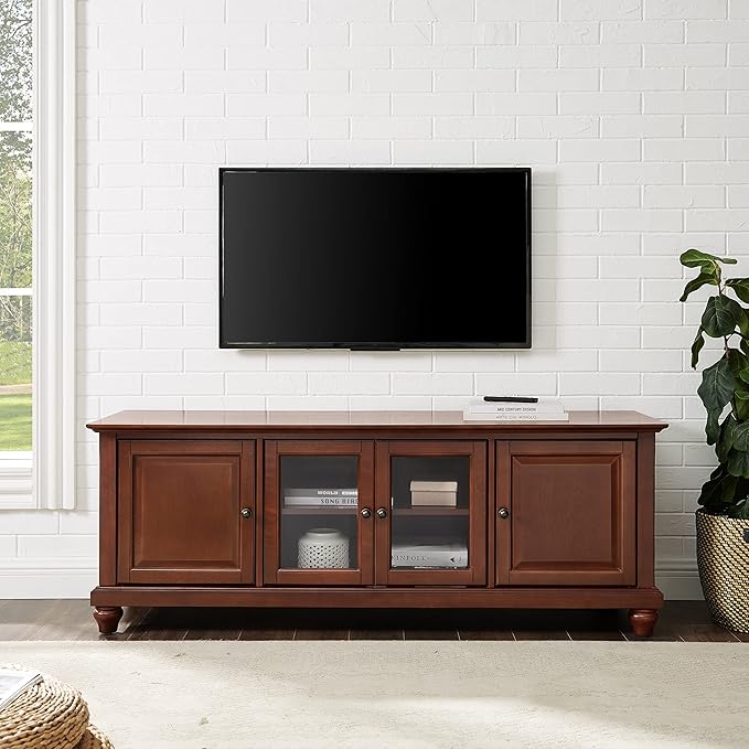 Crosley Furniture Cambridge Low Profile TV Stand for 65+ inch TVs, Entertainment Center with Storage Shelves, Vintage Mahogany